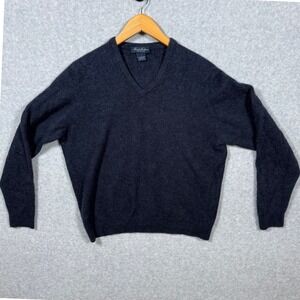 Brooks Brothers Pure Cashmere V-Neck Sweater Mens Large Navy Blue Made in GB